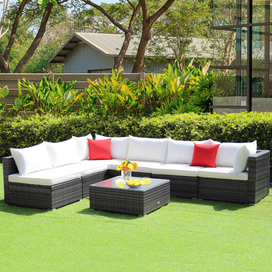 7 Pieces Patio Rattan Furniture Set Sectional Sofa Garden Cushion-White - Color: White