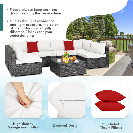 7 Pieces Patio Rattan Furniture Set Sectional Sofa Garden Cushion-White - Color: White