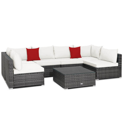 7 Pieces Patio Rattan Furniture Set Sectional Sofa Garden Cushion-White - Color: White