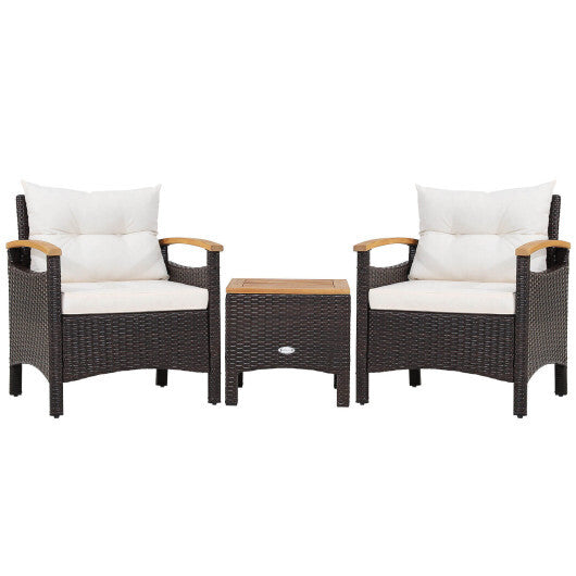 3 Pieces Patio Rattan Furniture Set with Removable Cushion-Off White - Color: Off White