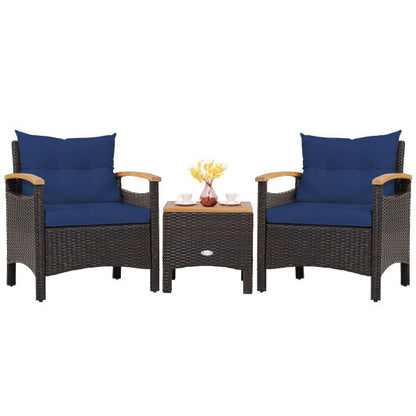 3 Pieces Patio Rattan Furniture Set with Removable Cushion-Navy - Color: Navy