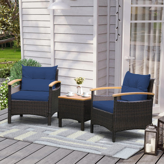 3 Pieces Patio Rattan Furniture Set with Removable Cushion-Navy - Color: Navy