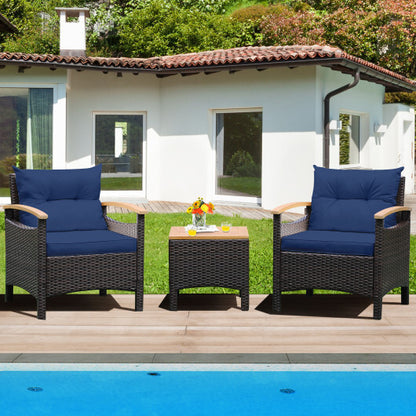 3 Pieces Patio Rattan Furniture Set with Removable Cushion-Navy - Color: Navy