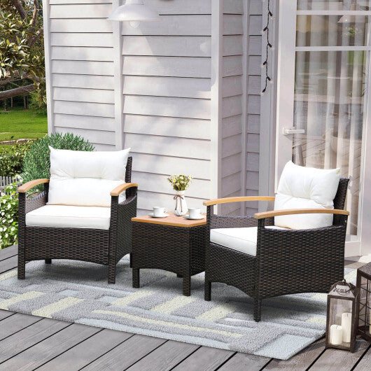 3 Pieces Patio Rattan Furniture Set with Removable Cushion-Off White - Color: Off White