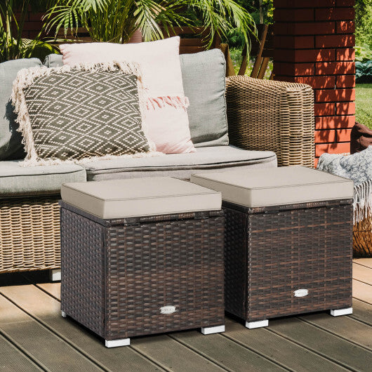 2 Pieces Patio Ottoman with Removable Cushions-Brown - Color: Brown