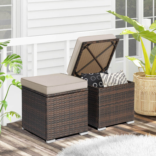 2 Pieces Patio Ottoman with Removable Cushions-Brown - Color: Brown