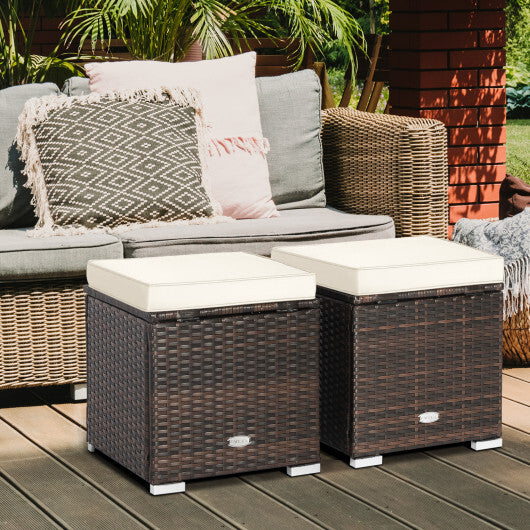 2 Pieces Patio Ottoman with Removable Cushions-White - Color: White