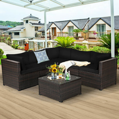 6 Pieces Patio Furniture Sofa Set with Cushions for Outdoor-Black - Color: Black