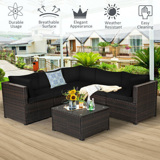 6 Pieces Patio Furniture Sofa Set with Cushions for Outdoor-Black - Color: Black