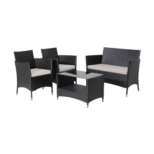 4 Pieces Patio Conversation Set with Soft Cushions and Tempered Glass Tabletop - Color: Brown