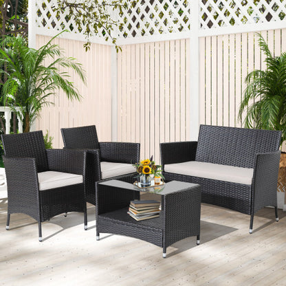 4 Pieces Patio Conversation Set with Soft Cushions and Tempered Glass Tabletop - Color: Brown