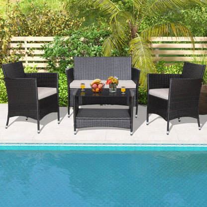 4 Pieces Patio Conversation Set with Soft Cushions and Tempered Glass Tabletop - Color: Brown