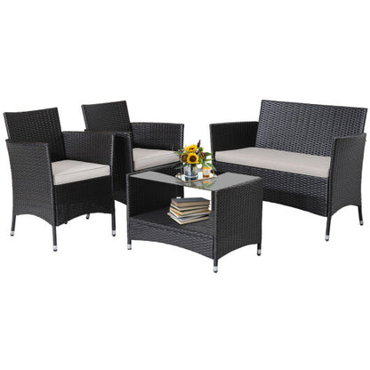 4 Pieces Patio Conversation Set with Soft Cushions and Tempered Glass Tabletop - Color: Brown