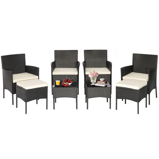 8 Pieces Patio Wicker Conversation Set with 2 Coffee Tables and 2 Ottomans - Color: Off White