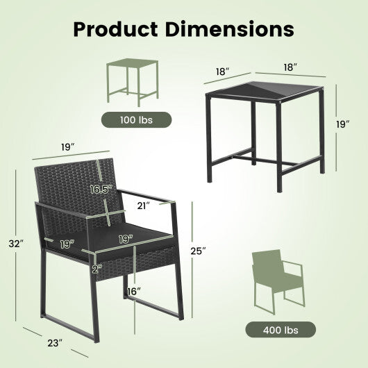 3 Pieces Modern Heavy Duty Patio Furniture Set with Coffee Table-Black - Color: Black