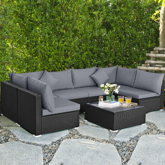 7 Pieces Sectional Wicker Furniture Sofa Set with Tempered Glass Top Coffee Table-Gray - Color: Gray