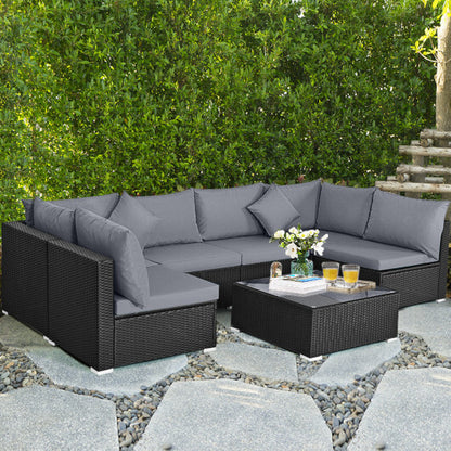 7 Pieces Sectional Wicker Furniture Sofa Set with Tempered Glass Top Coffee Table-Gray - Color: Gray