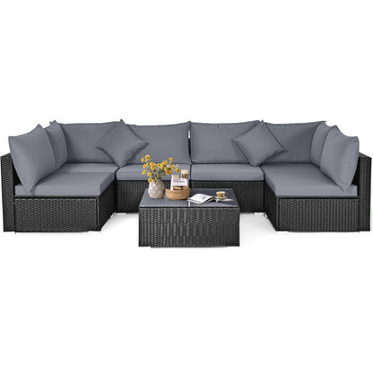 7 Pieces Sectional Wicker Furniture Sofa Set with Tempered Glass Top Coffee Table-Gray - Color: Gray