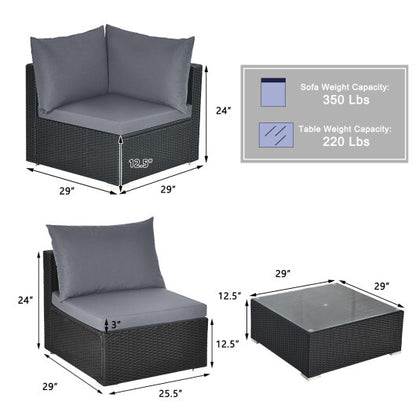 7 Pieces Sectional Wicker Furniture Sofa Set with Tempered Glass Top Coffee Table-Gray - Color: Gray