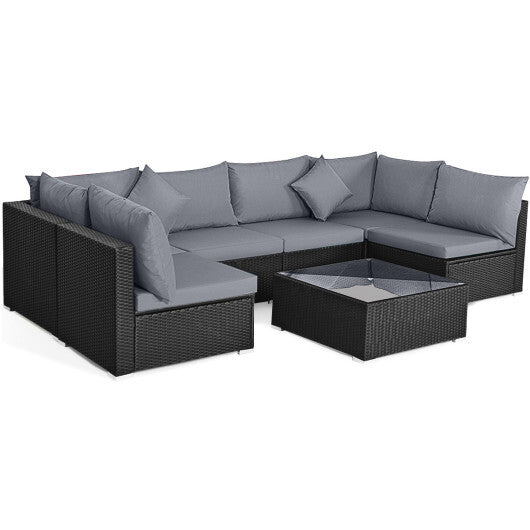 7 Pieces Sectional Wicker Furniture Sofa Set with Tempered Glass Top Coffee Table-Gray - Color: Gray