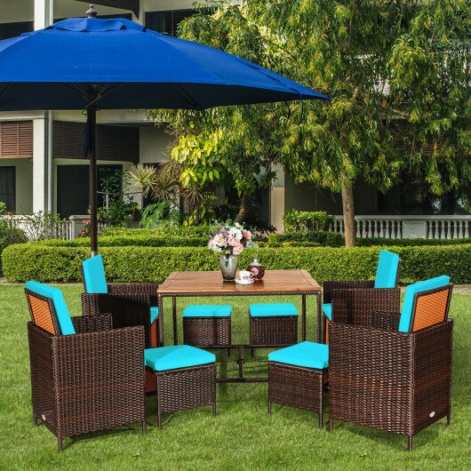 9 Pieces Patio Rattan Dining Cushioned Chairs Set-Turquoise - Color: Turquoise