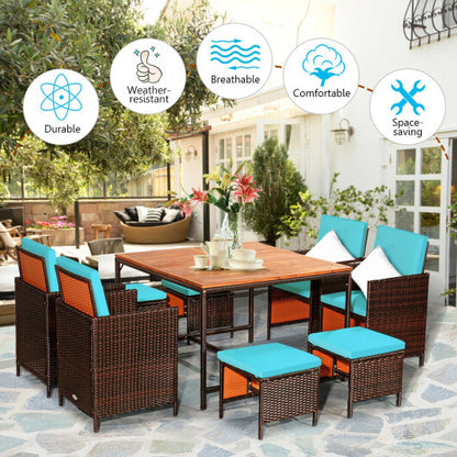 9 Pieces Patio Rattan Dining Cushioned Chairs Set-Turquoise - Color: Turquoise