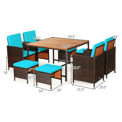 9 Pieces Patio Rattan Dining Cushioned Chairs Set-Turquoise - Color: Turquoise