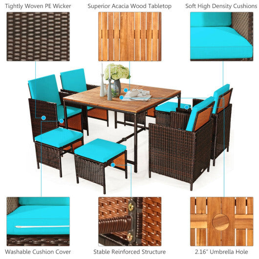 9 Pieces Patio Rattan Dining Cushioned Chairs Set-Turquoise - Color: Turquoise