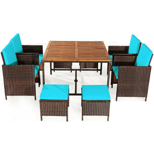 9 Pieces Patio Rattan Dining Cushioned Chairs Set-Turquoise - Color: Turquoise