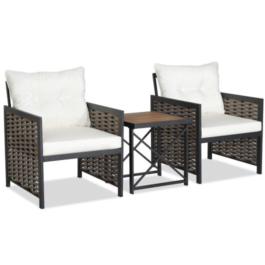 3 Pieces Patio Rattan Furniture Set with Acacia Wood Tabletop-White - Color: White