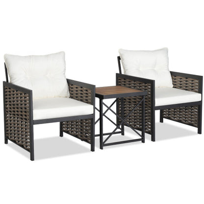 3 Pieces Patio Rattan Furniture Set with Acacia Wood Tabletop-White - Color: White