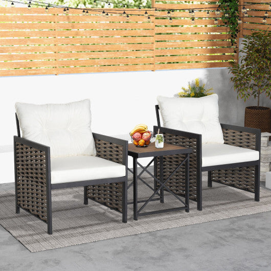 3 Pieces Patio Rattan Furniture Set with Acacia Wood Tabletop-White - Color: White