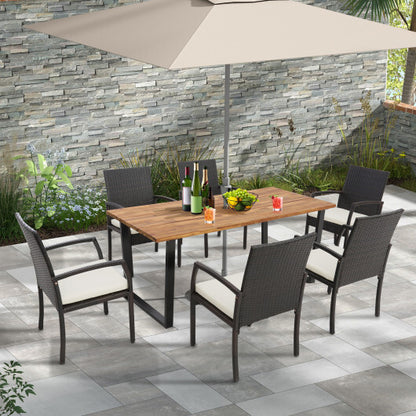 7 Pieces Patio Rattan Dining Set with Umbrella Hole-L-shaped Handrail - Color: Black