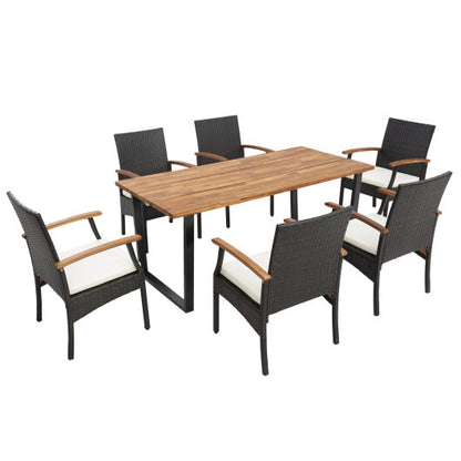 7 Pieces Outdoor Wicker Chair and Dining Table Set-Wood Handrail - Color: Black