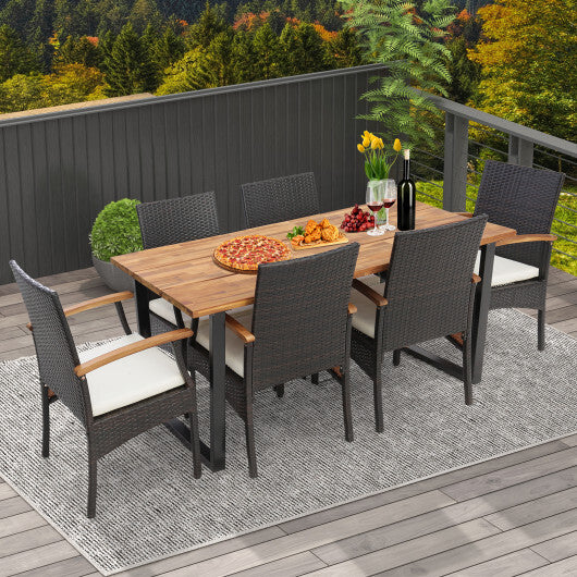 7 Pieces Outdoor Wicker Chair and Dining Table Set-Wood Handrail - Color: Black