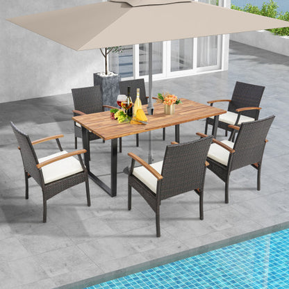 7 Pieces Outdoor Wicker Chair and Dining Table Set-Wood Handrail - Color: Black