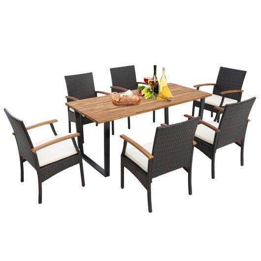 7 Pieces Outdoor Wicker Chair and Dining Table Set-Wood Handrail - Color: Black