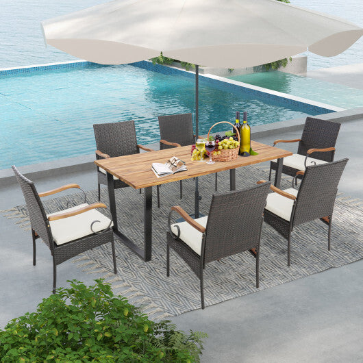 7 Pieces Patio Rattan Dining Set with 2 Inches Umbrella Hole-Curved Handrail - Color: Multicolor