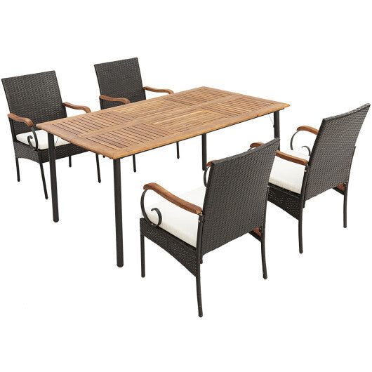 5 Pieces Patio Wicker Dining Set with Detachable Cushion and Umbrella Hole - Color: Natural