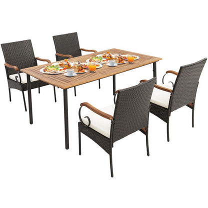 5 Pieces Patio Wicker Dining Set with Detachable Cushion and Umbrella Hole - Color: Natural