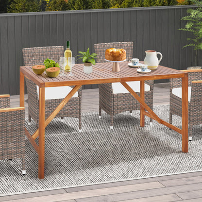 67 Inch Patio Rectangle Acacia Wood Dining Table with Umbrella Hole - Color: Natural