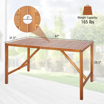 67 Inch Patio Rectangle Acacia Wood Dining Table with Umbrella Hole - Color: Natural