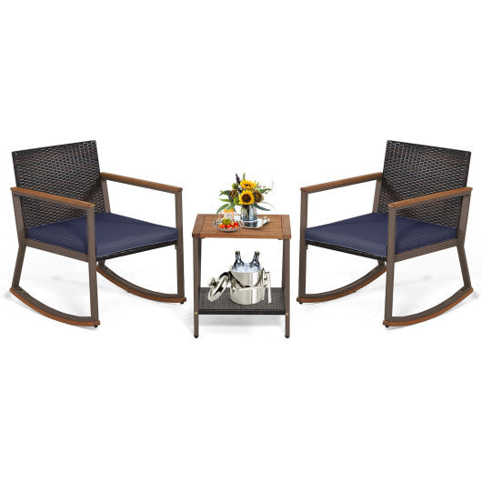 3 Pieces Rattan Rocking Bistro Set with Coffee Table and Cushions-Navy - Color: Navy