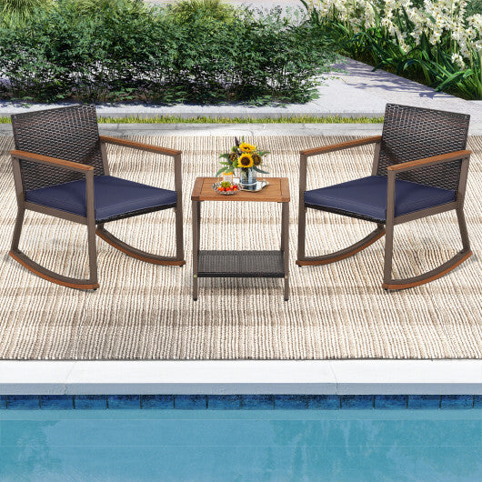 3 Pieces Rattan Rocking Bistro Set with Coffee Table and Cushions-Navy - Color: Navy