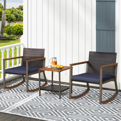 3 Pieces Rattan Rocking Bistro Set with Coffee Table and Cushions-Navy - Color: Navy