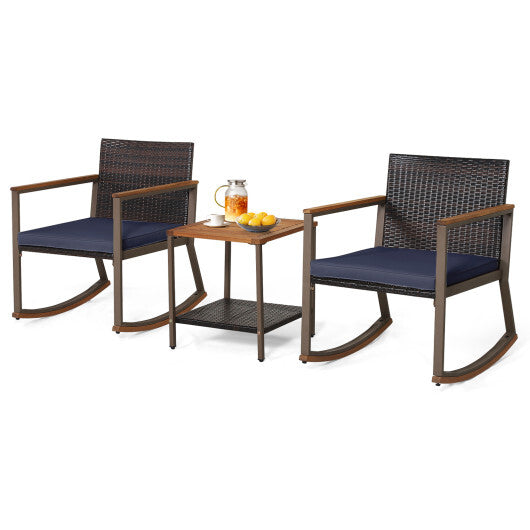 3 Pieces Rattan Rocking Bistro Set with Coffee Table and Cushions-Navy - Color: Navy