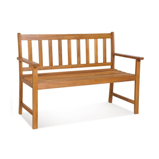 2-Person Patio Acacia Wood Bench with Backrest and Armrests - Color: Natural