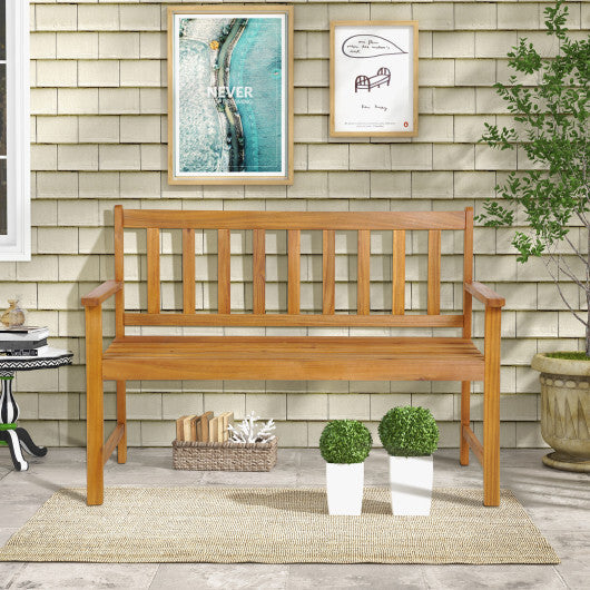 2-Person Patio Acacia Wood Bench with Backrest and Armrests - Color: Natural