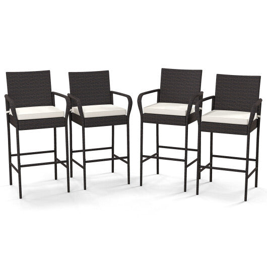 2/4 Pieces Outdoor PE Rattan Cushioned Barstool Set with Armrests-Set of 4 - Color: Off White