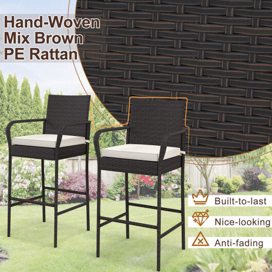 2/4 Pieces Outdoor PE Rattan Cushioned Barstool Set with Armrests-Set of 4 - Color: Off White